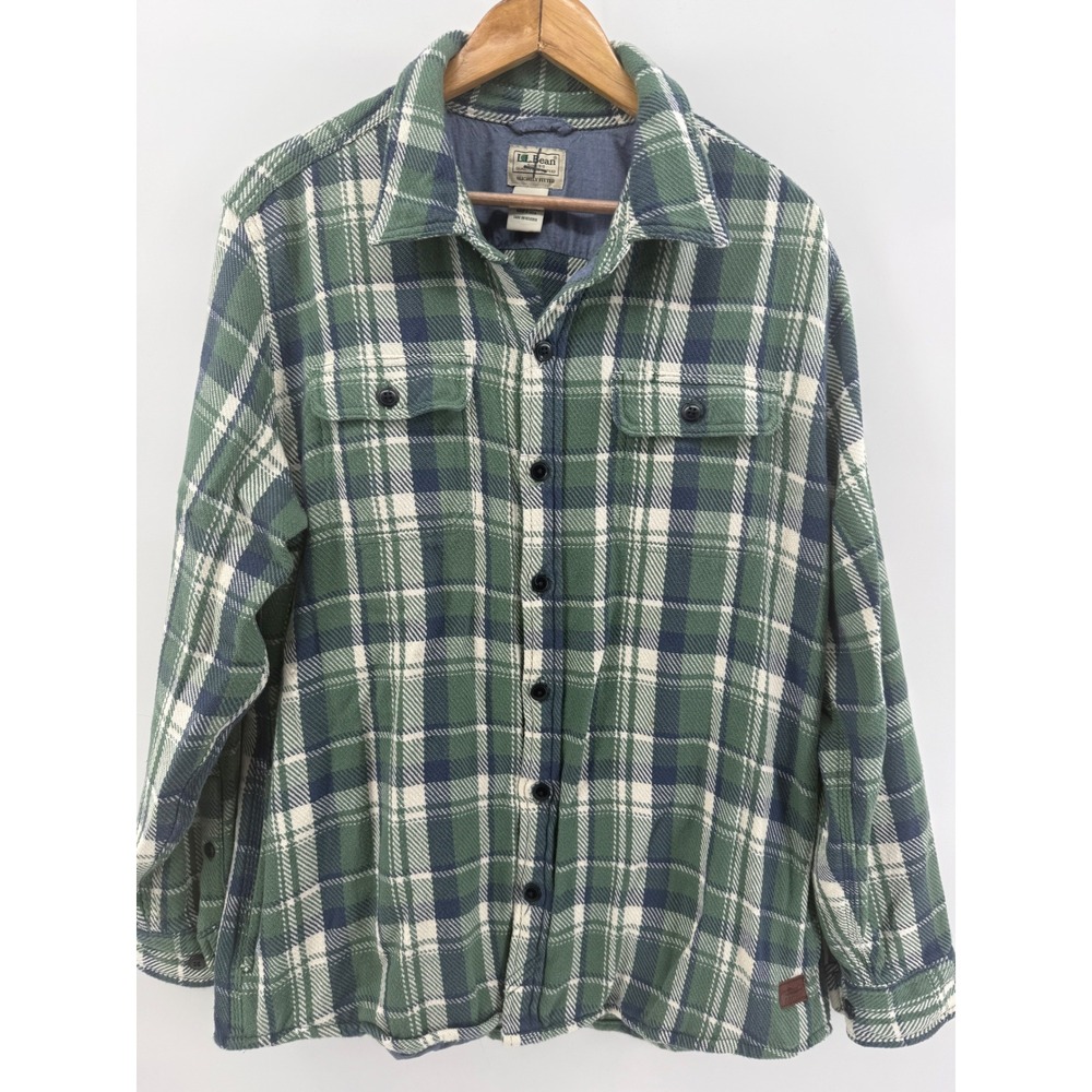 LL Bean Mens Large Slightly Fitted Field Flannel Green Plaid Cotton 516097